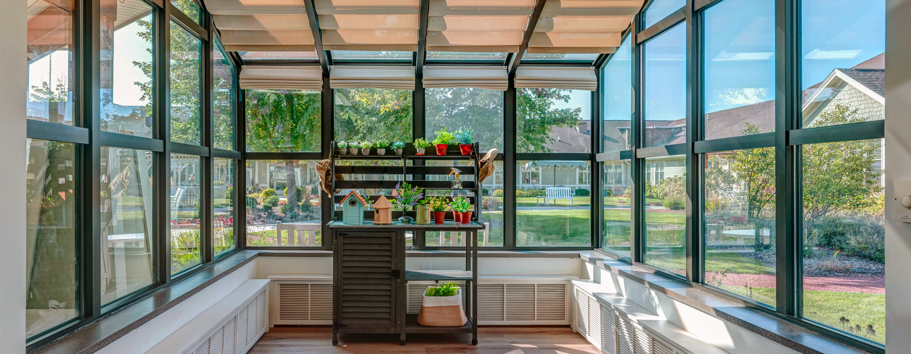 Greenhouse with plants and glass walls