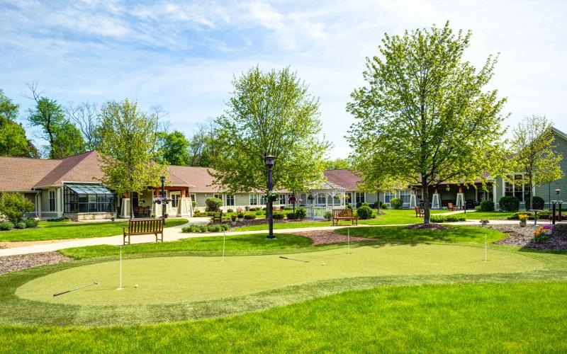 a large green lawn with trees and buildings in the background